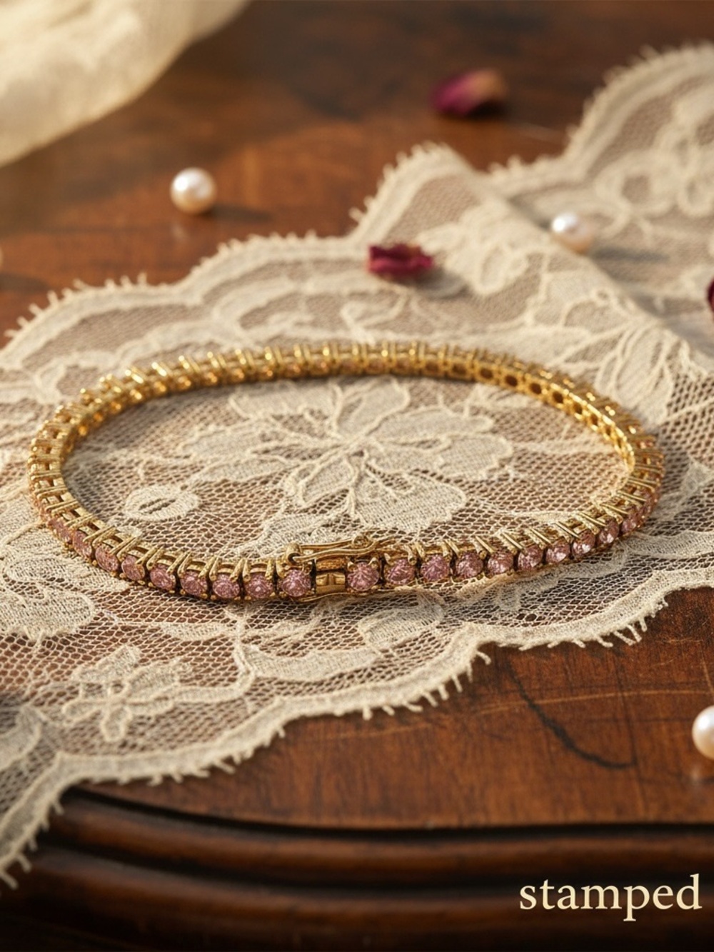 925 Stamped Gold Bracelet with Pink cubic zirconia